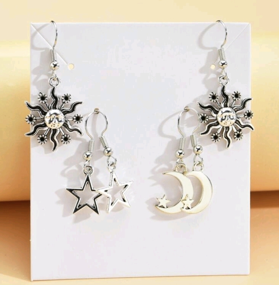 Silver Sun, Moon, and Star Earrings Set